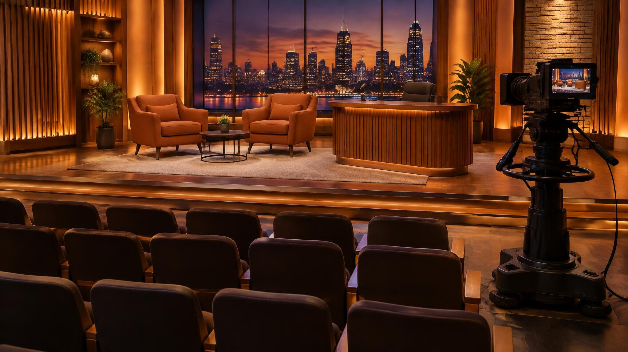 Studio audience seating facing a lit talk show set
