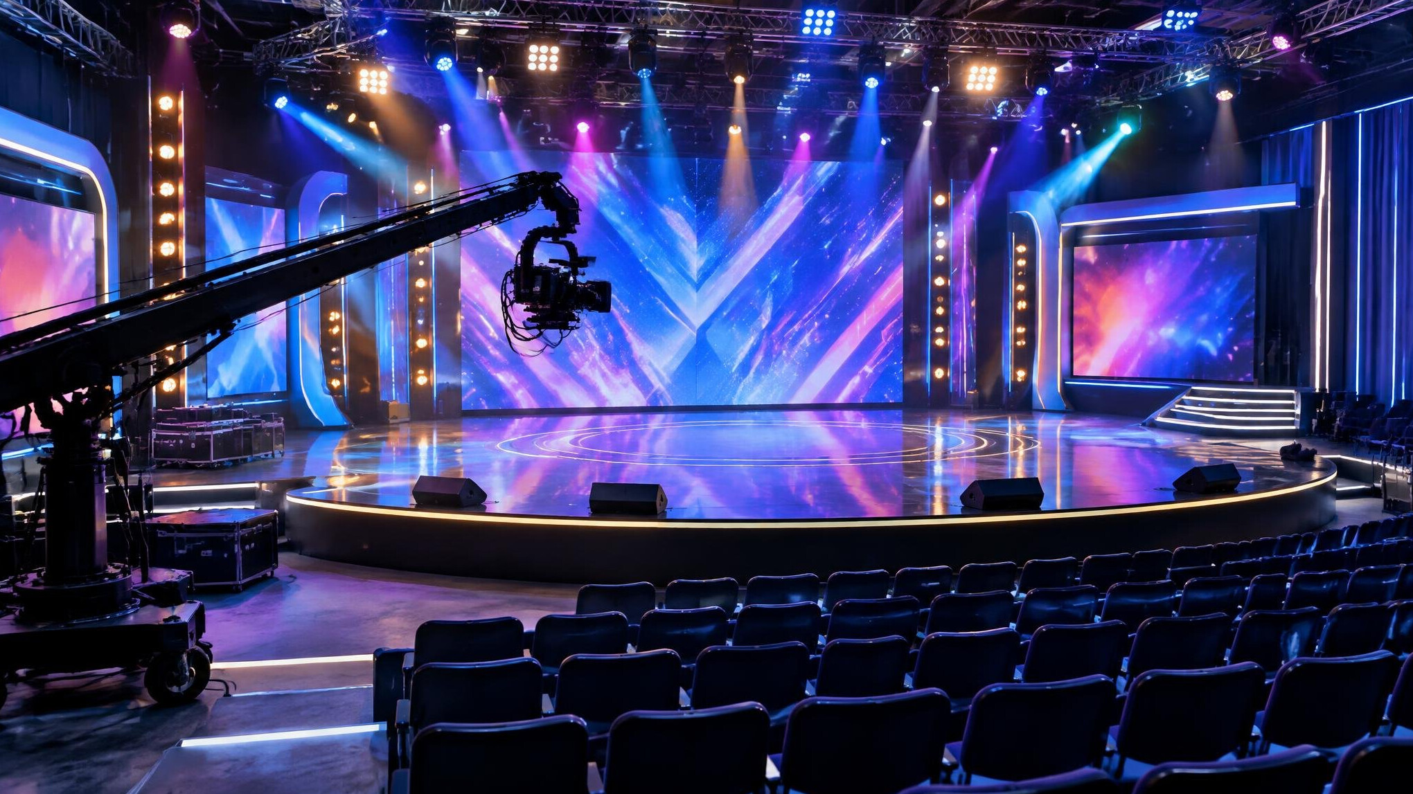 Live show stage with cameras and lights during rehearsal